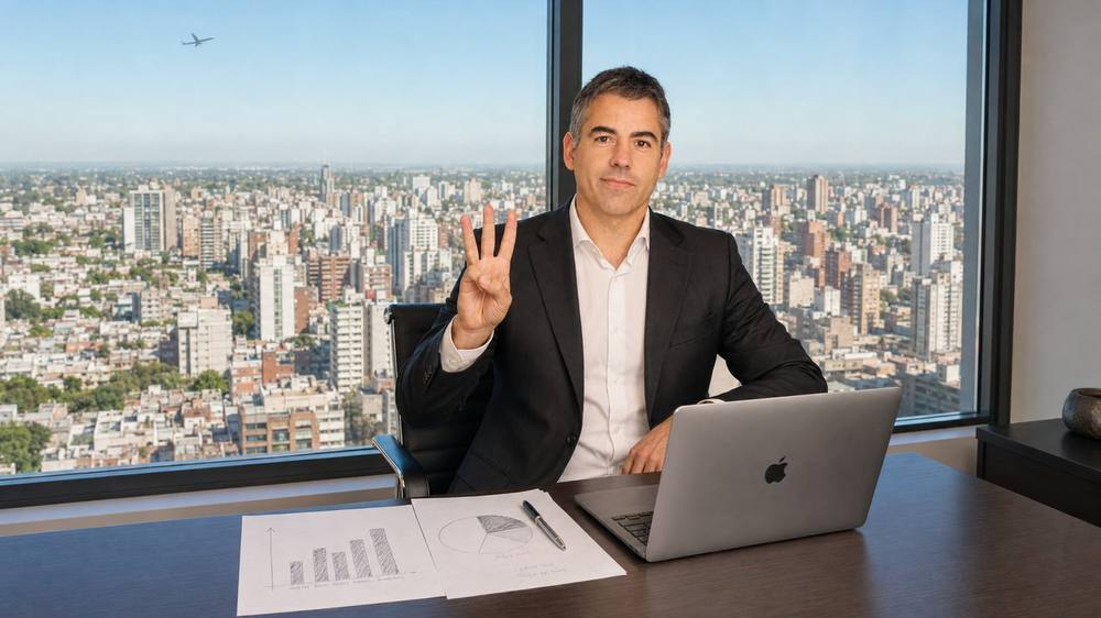 Martino, en su escritorio, mostrando tres dedos