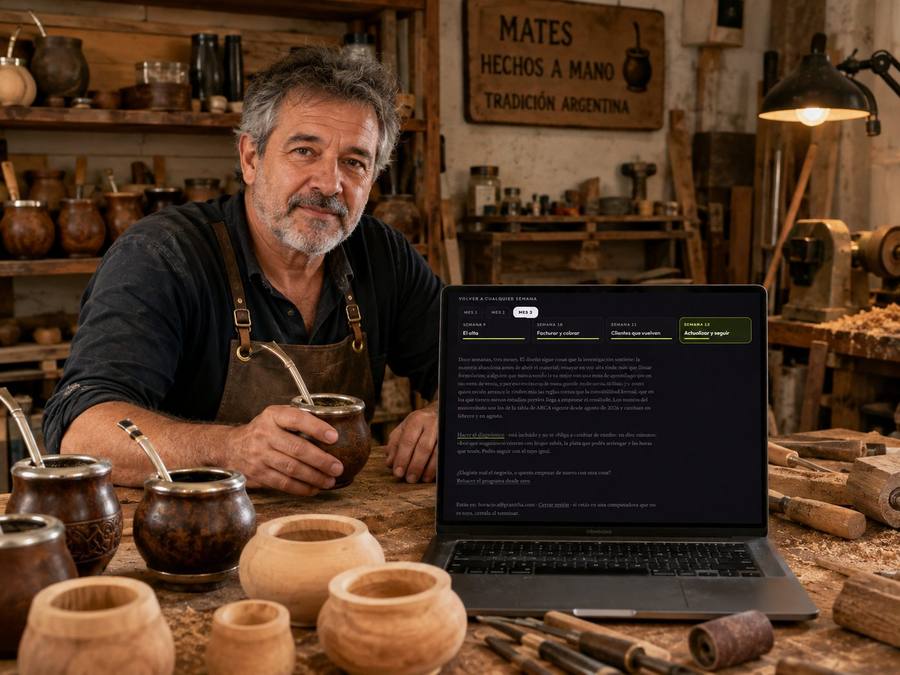 Un artesano que hace mates, en su taller, con el programa en la computadora